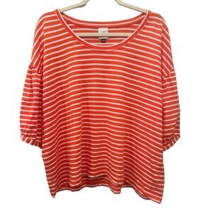 CAbi Poolside Tee Orange With White Stripes-Sz S Oversized Puff Sleeves